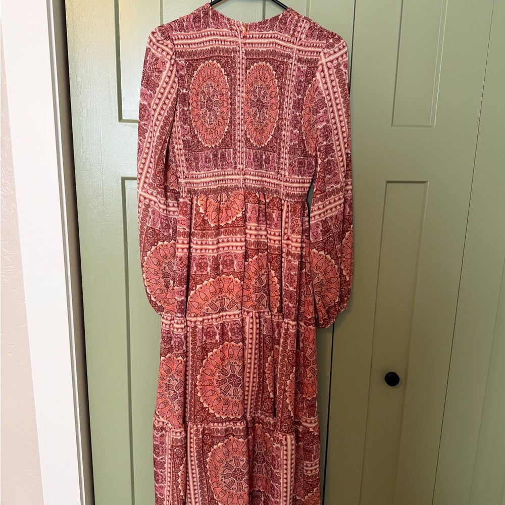 bohme Long Sleeve Maxi Dress in Rust and Coral Medallion Print